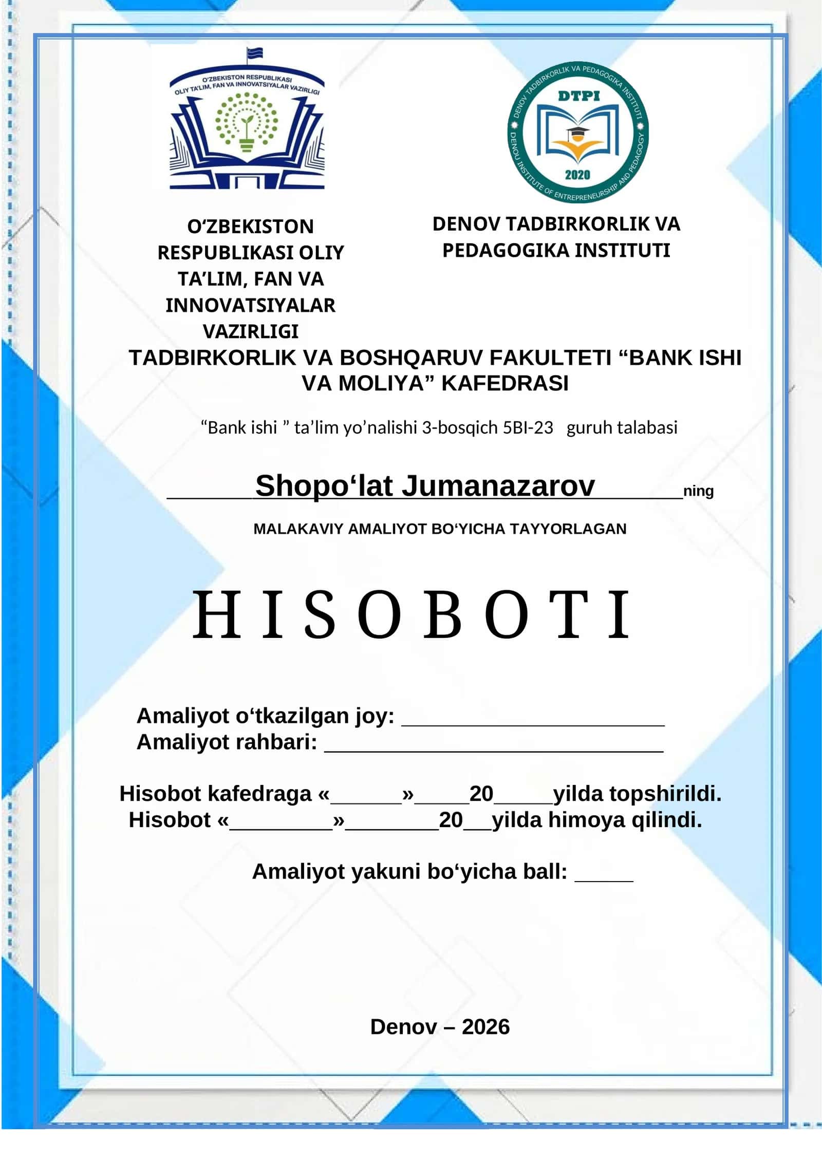 Abgrobok hamda ATB "Agrobank" DENOV   MALAKAVIY AMALIYOT BOʻYICHA TAYYORLAGAN H I S O B O T I 1