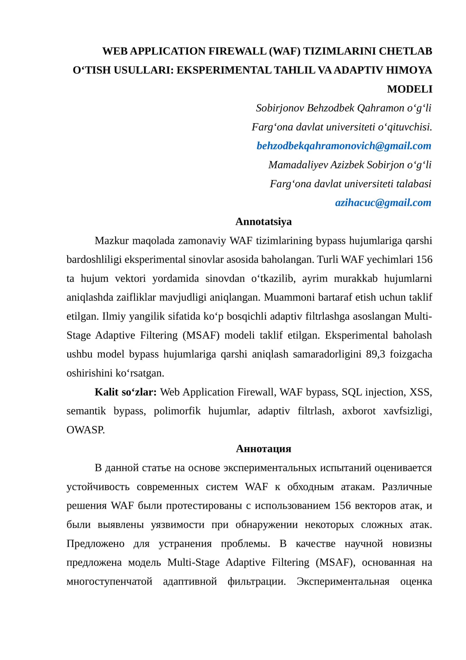WEB APPLICATION FIREWALL (WAF) TIZIMLARINI CHETLAB OʻTISH USULLARI: EKSPERIMENTAL TAHLIL VA ADAPTIV HIMOYA MODELI 1