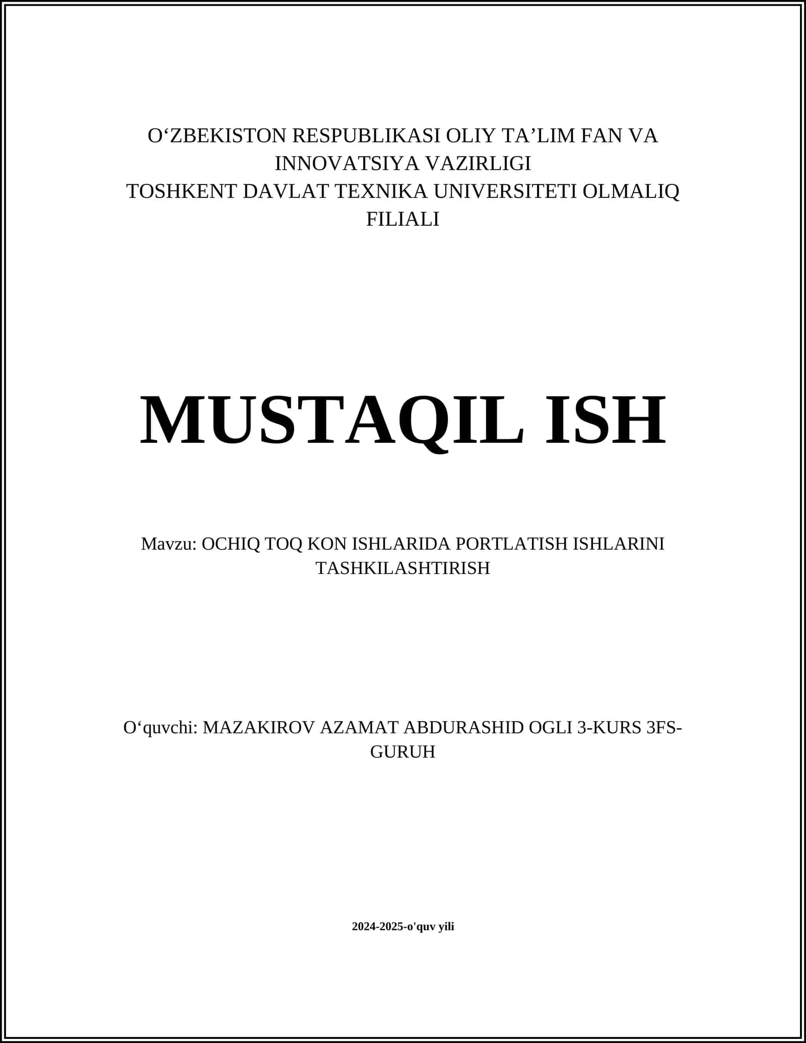 OCHIQ TOQ KON ISHLARIDA PORTLATISH ISHLARINI TASHKILASHTIRISH 1