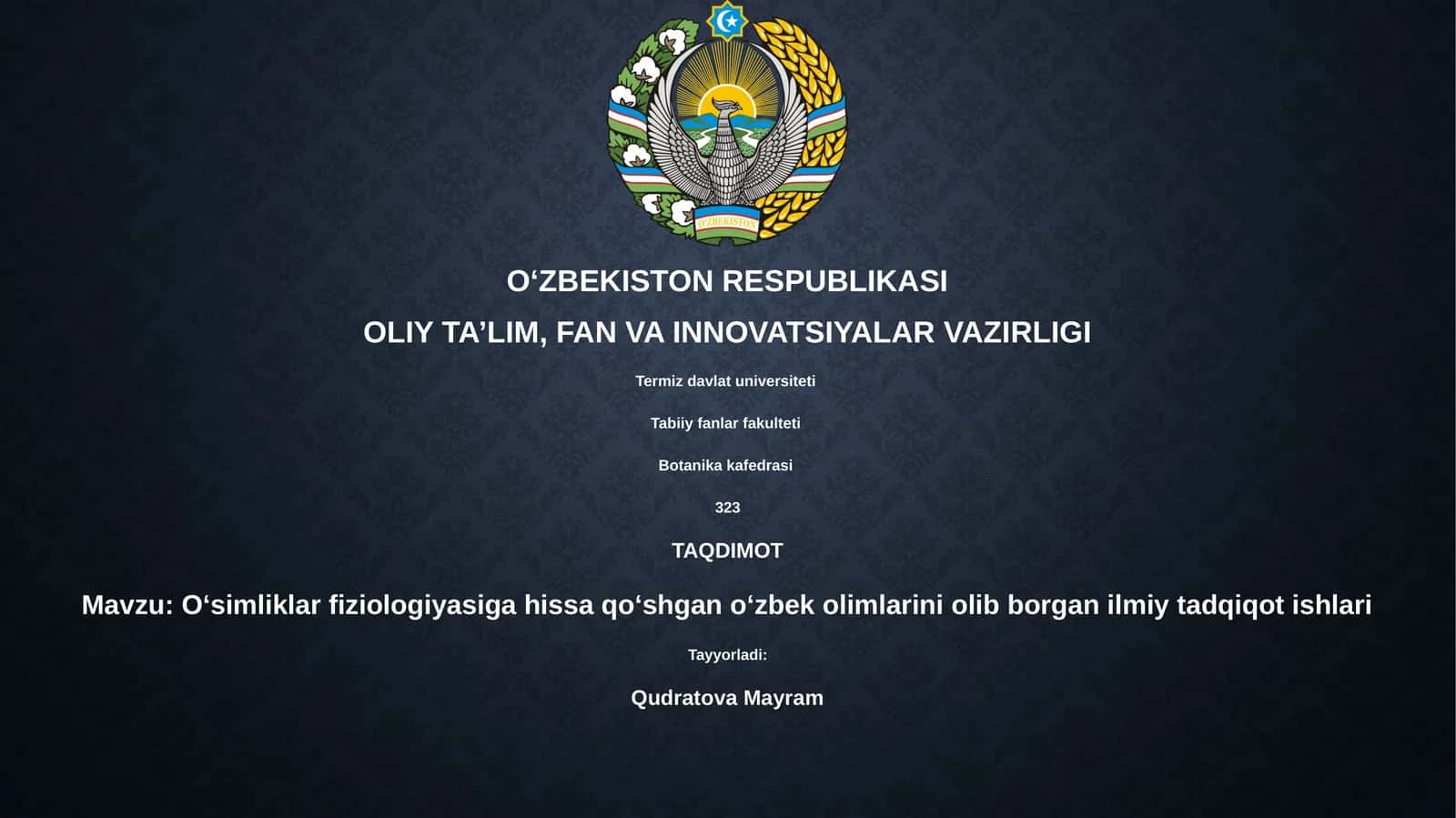 Oʻsimliklar fiziologiyasiga hissa qoʻshgan oʻzbek olimlarini olib borgan ilmiy tadqiqot ishlari 1