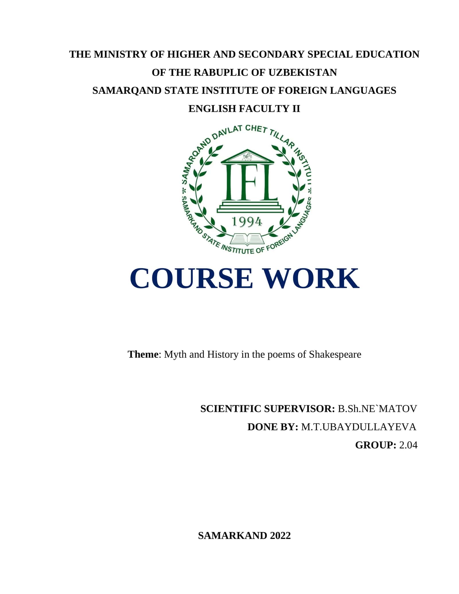 Course Work: Myth and History in the poems of Shakespeare 1