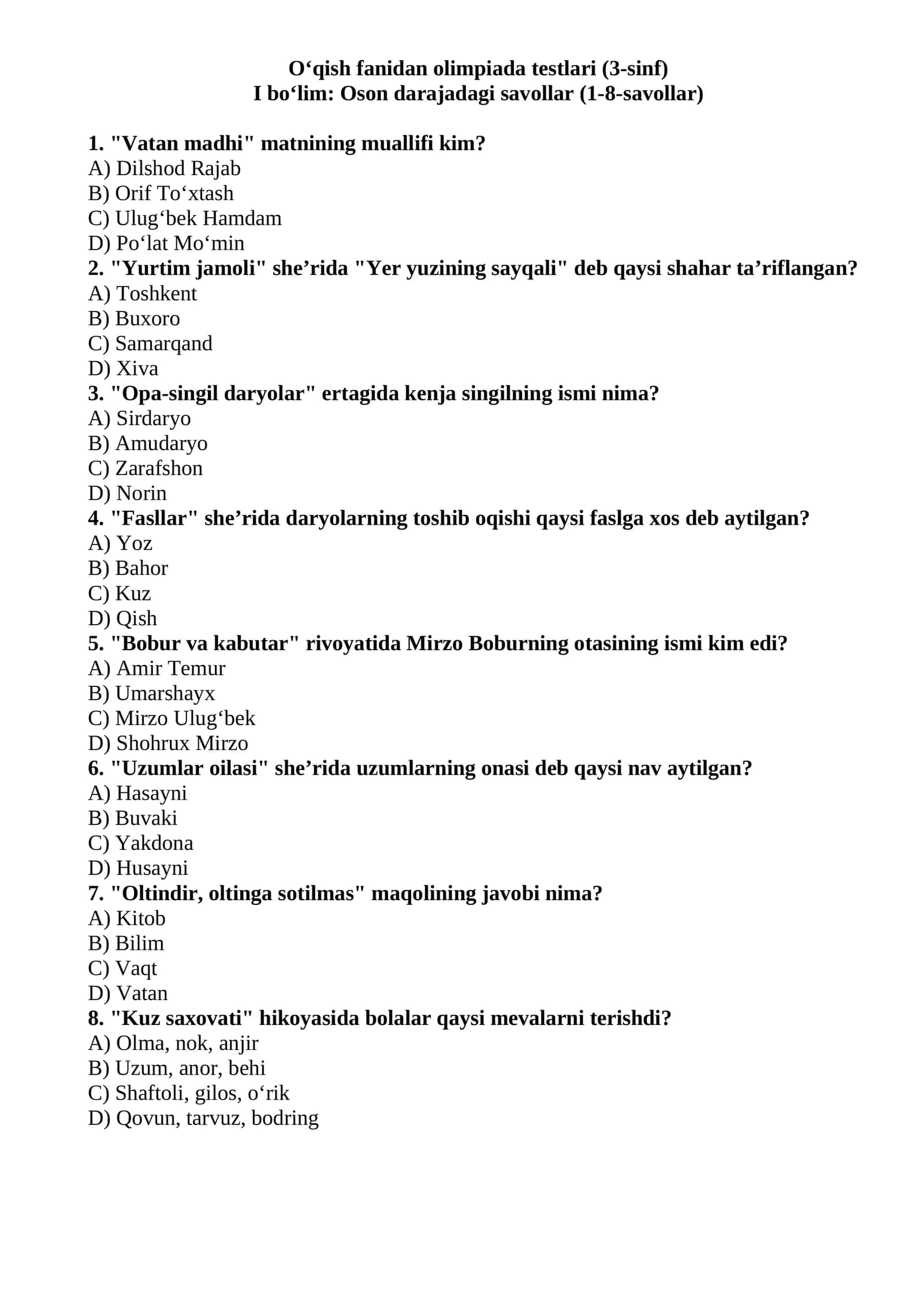 O‘qish fanidan olimpiada testlari (3-sinf) 1