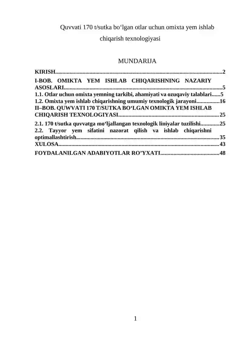 Omixta yem ishlab chiqarish texnologiyasi