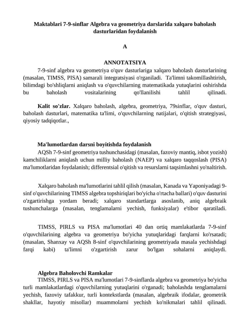 Algebra va Geometriya Xalqaro Baholash Dasturlari 1