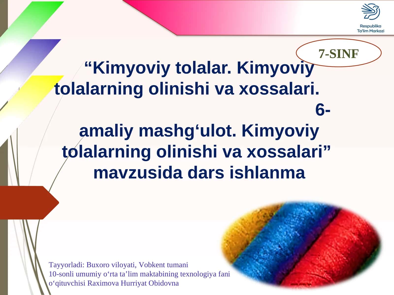 Kimyoviy tolalar. Kimyoviy tolalarning olinishi va xossalari. 6-amaliy mashg‘ulot. Kimyoviytolalarning olinishi va xossalari 1