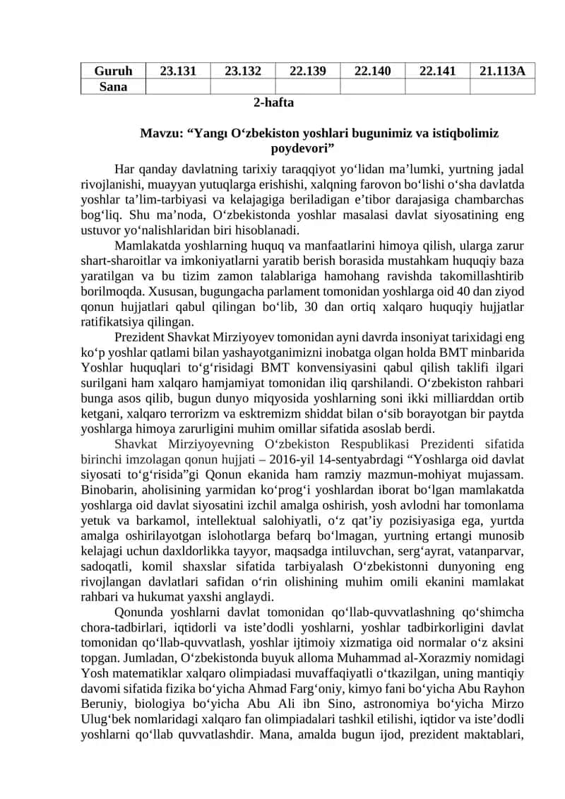 "Yangı O‘zbekiston yoshlari bugunimiz va istiqbolimiz poydevori" 1