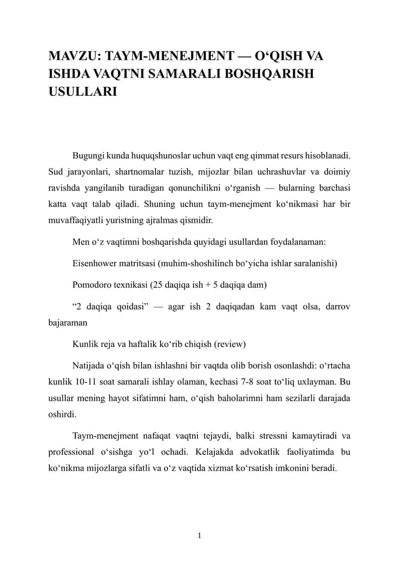 TAYM-MENEJMENT — O‘QISH VA ISHDA VAQTNI SAMARALI BOSHQARISH USULLARI 1