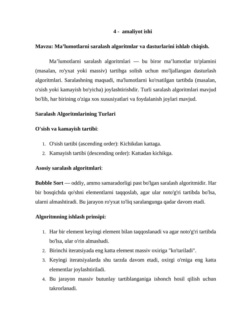 Ma’lumotlarni saralash algoritmlar va dasturlarini ishlab chiqish. 1