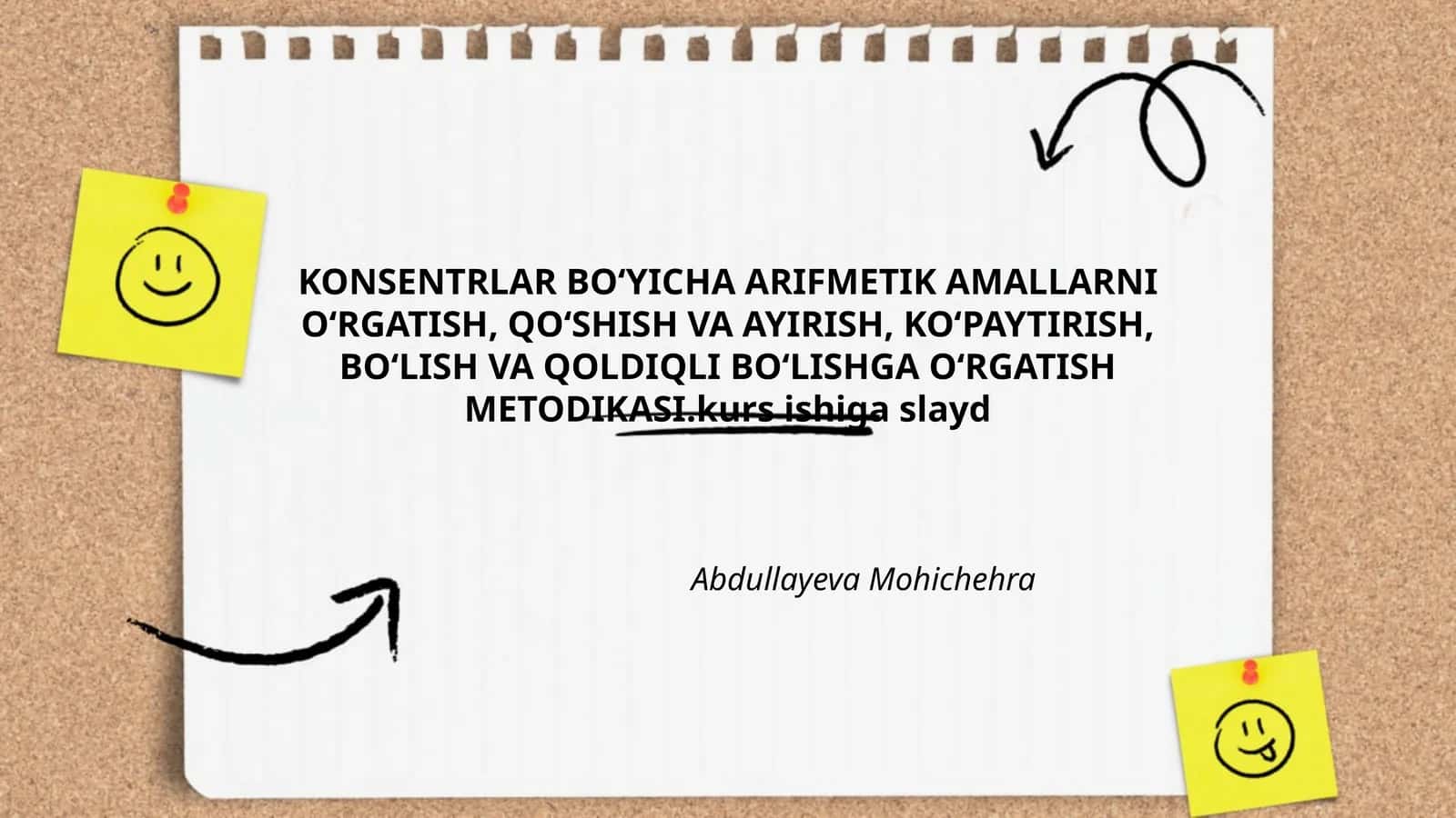 KONSENTRLAR BO‘YICHA ARIFMETIK AMALLARNI O‘RGATISH, QO‘SHISH VA AYIRISH, KO‘PAYTIRISH, BO‘LISH VA QOLDIQLI BO‘LISHGA O‘RGATISH METODIKASI.kurs ishiga slayd 1