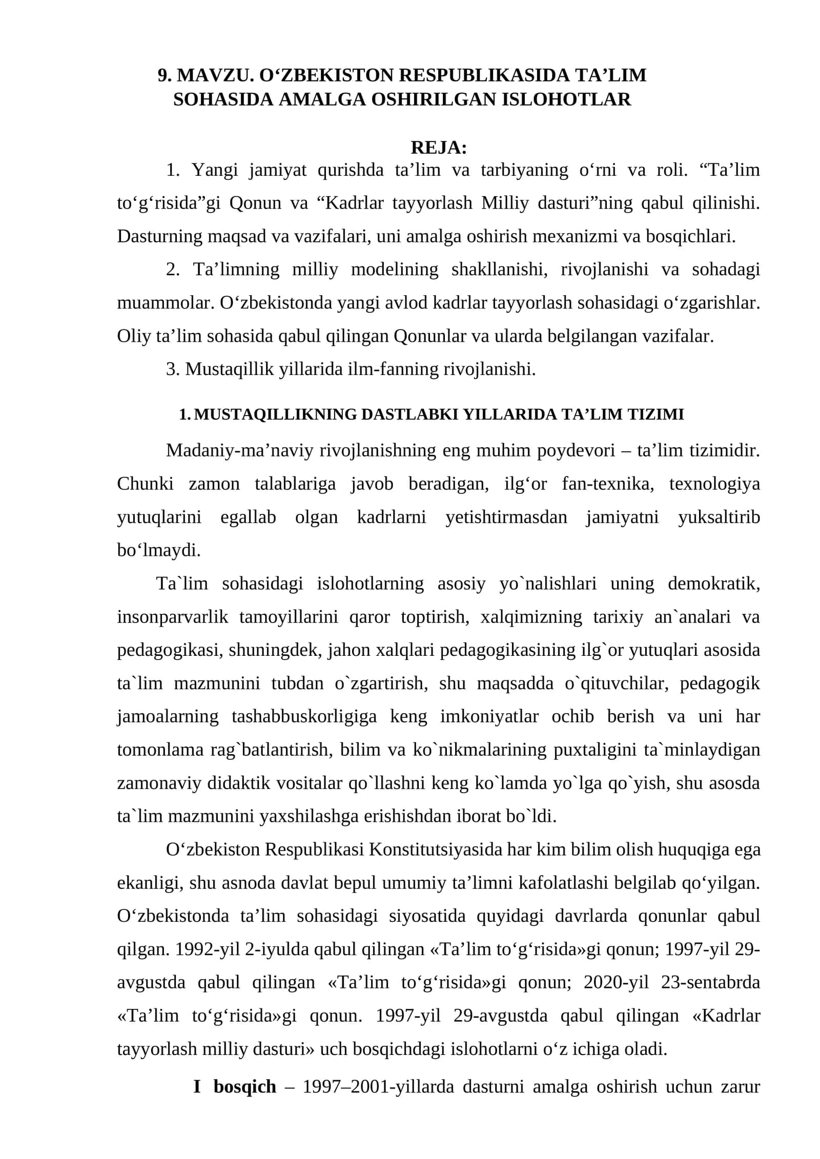 O‘ZBЕKISTОN RЕSРUBLIKАSIDА TА’LIM SОHАSIDА АMАLGА ОSHIRILGАN ISLОHОTLАR 1