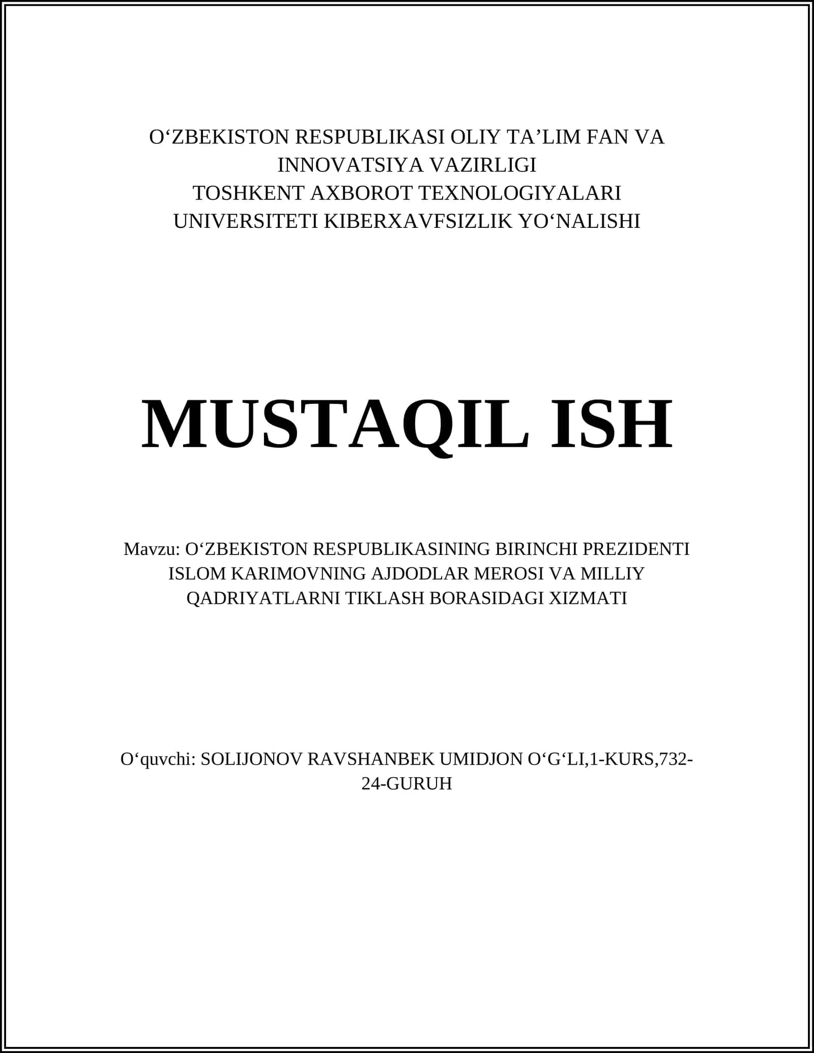 O'ZBEKISTON RESPUBLIKASI OLIY TA'LIM FAN VA INNOVATSIYA VAZIRLIGI 1