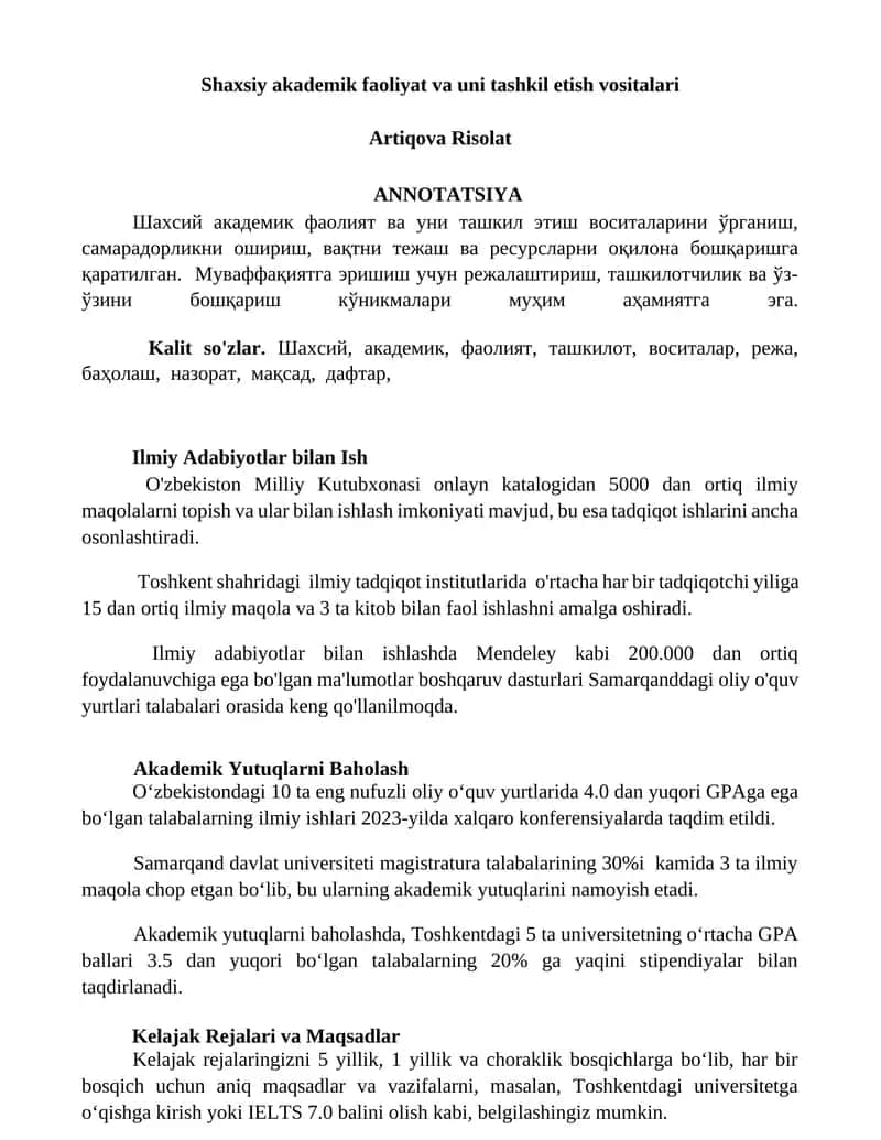 Shaxsiy akademik faoliyat va uni tashkil etish vositalari 1