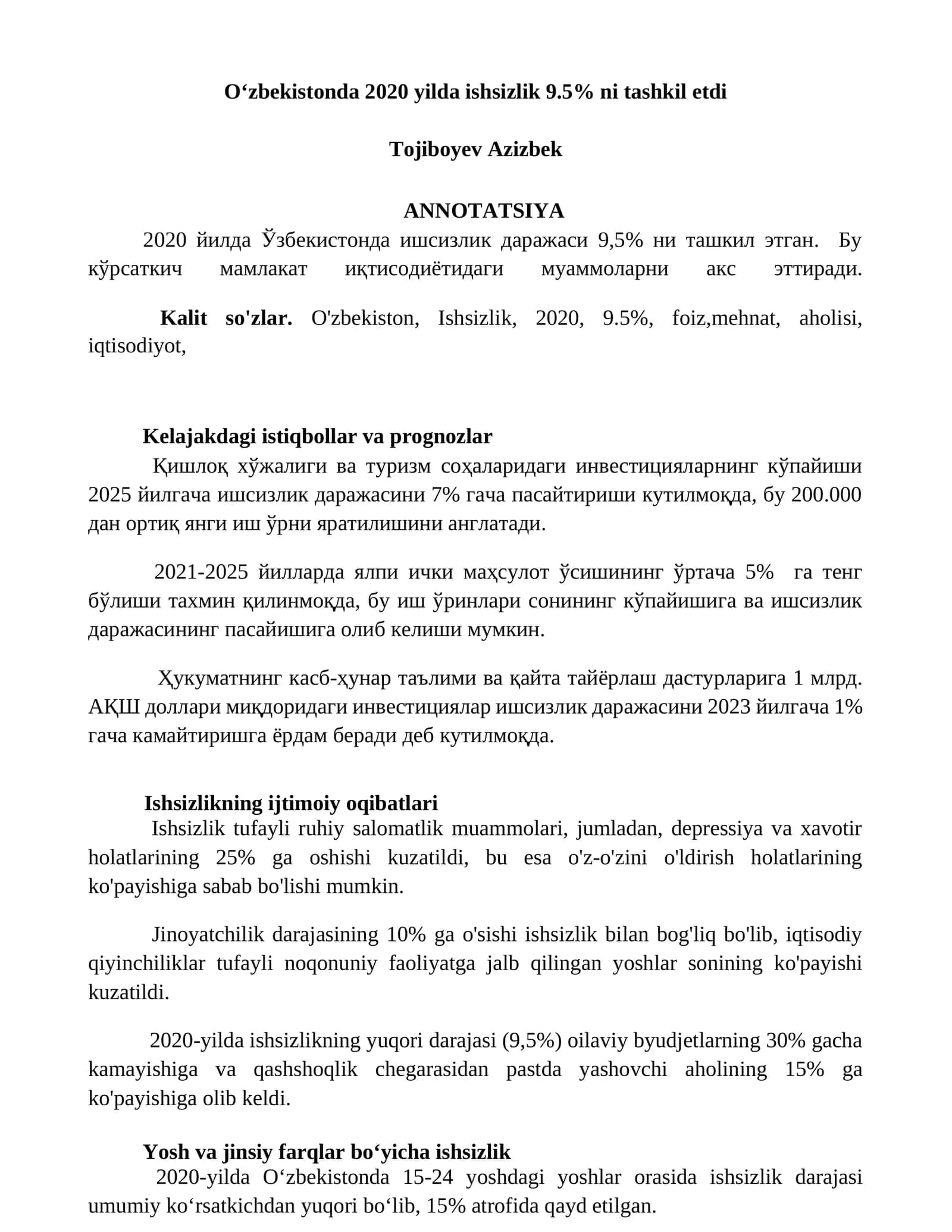 Oʻzbekistonda 2020 yilda ishsizlik 9.5% ni tashkil etdi 1