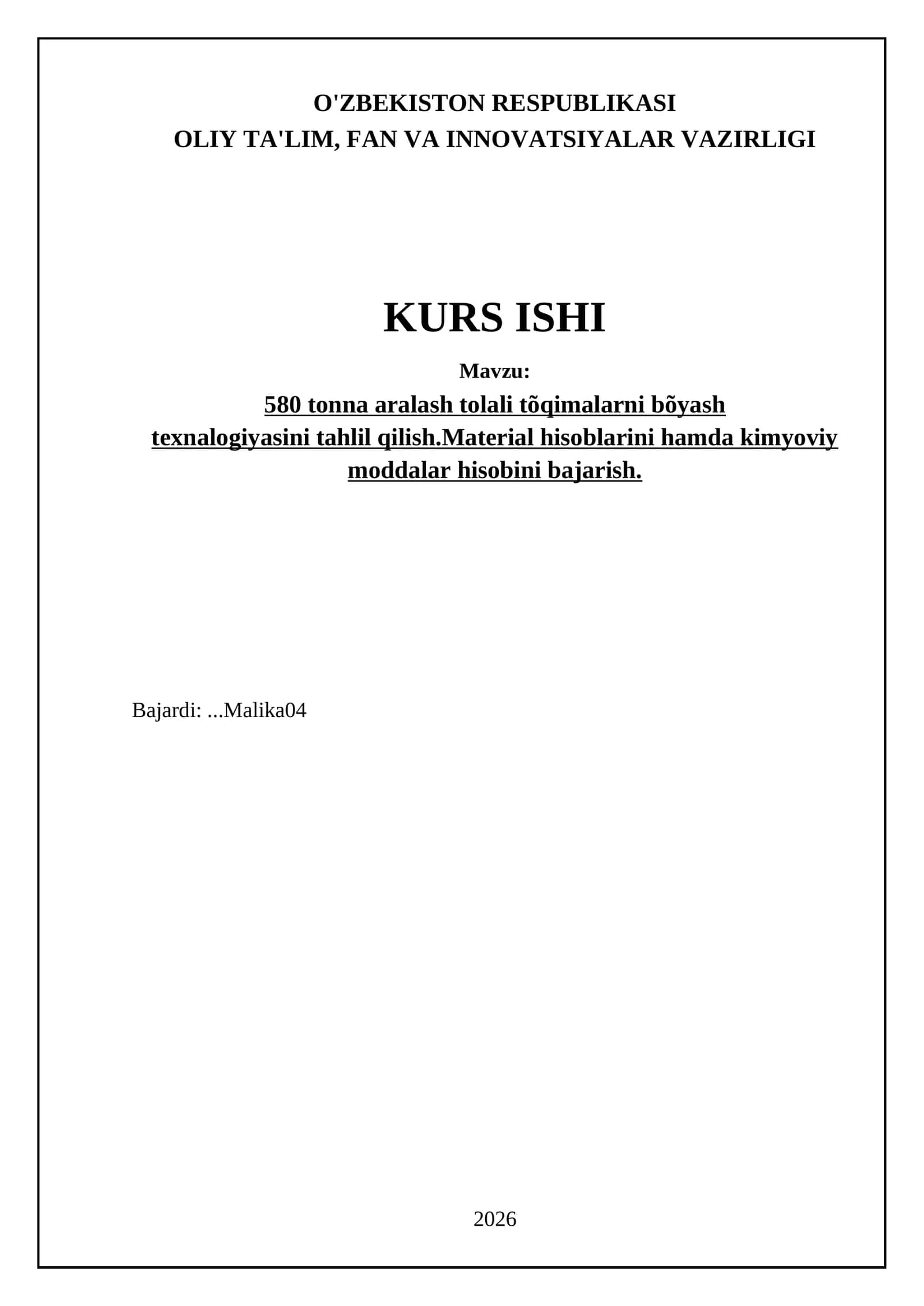 580 tonna aralash tolali tõqimalarni bõyash texnalogiyasini tahlil qilish.Material hisoblarini hamda kimyoviy moddalar hisobini bajarish 1