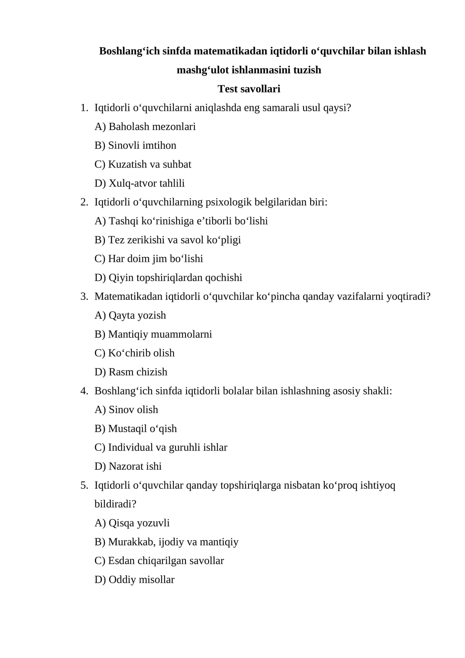 Boshlang‘ich sinfda matematikadan iqtidorli o‘quvchilar bilan ishlash test 1