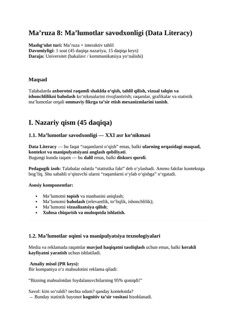 Ma’ruza 8: Ma’lumotlar savodxonligi (Data Literacy) 1