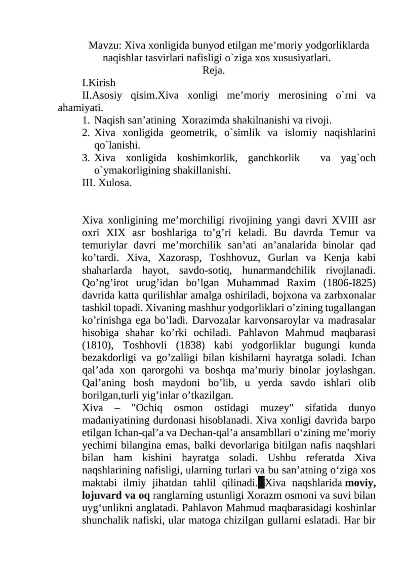 Xiva xonligi me’moriy yodgorliklari 1