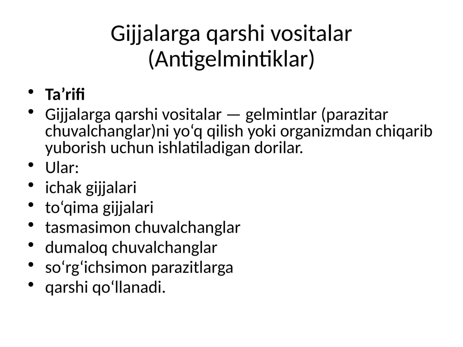 Gijjalarga qarshi vositalar (Antigelmintiklar) 1