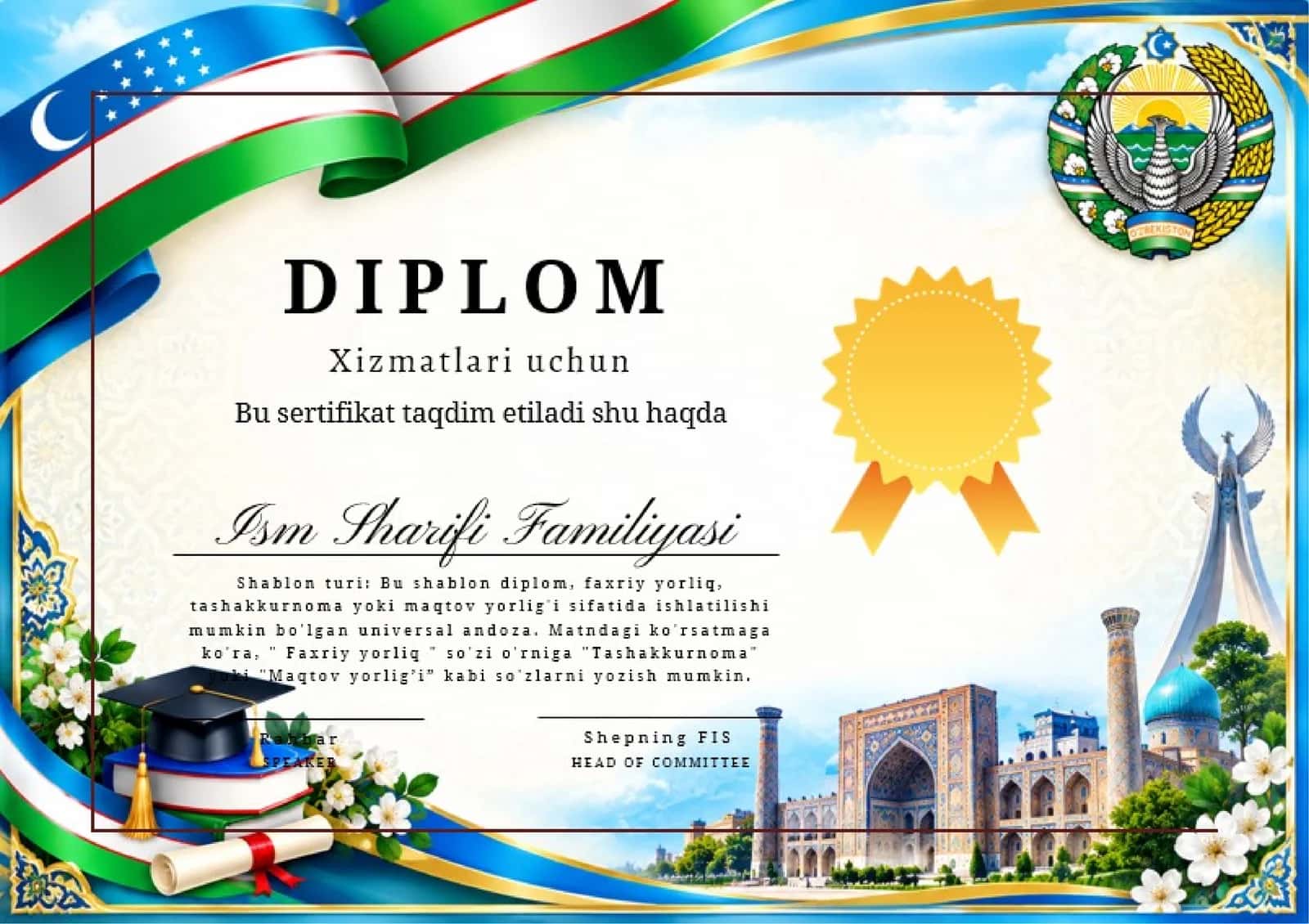 Shablon diplom, sertifikat, faxriy yorliq, tashakkurnoma yoki maqtov yorlig'i 1