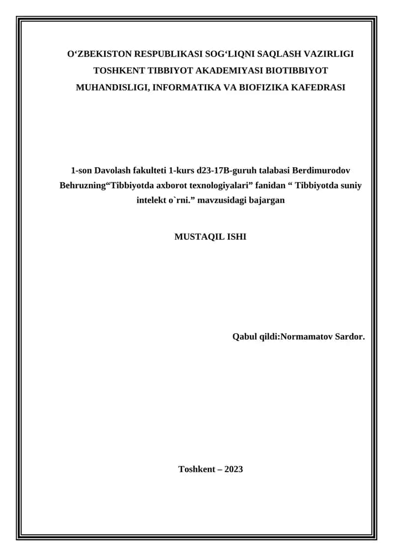 Tibbiyotda suniy intelekt o`rni 1