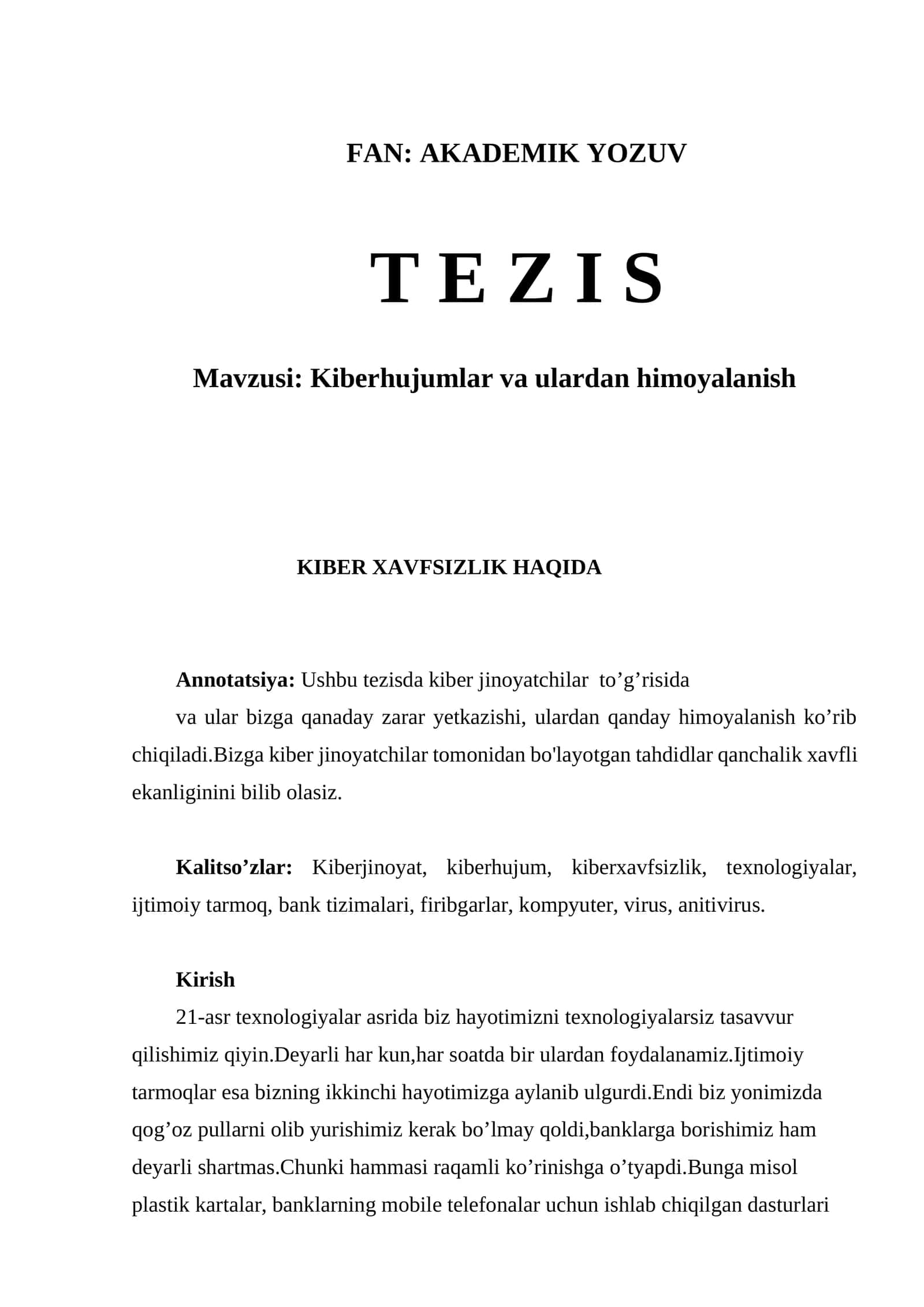 Kiberhujumlar va ulardan himoyalanish 1
