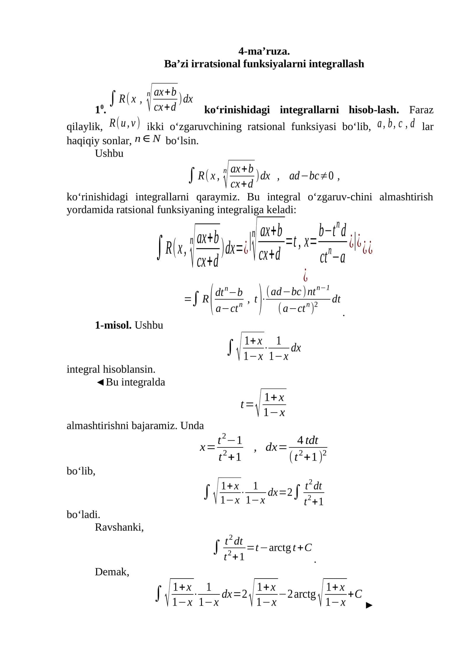 Ba’zi irratsional funksiyalarni integrallash 1