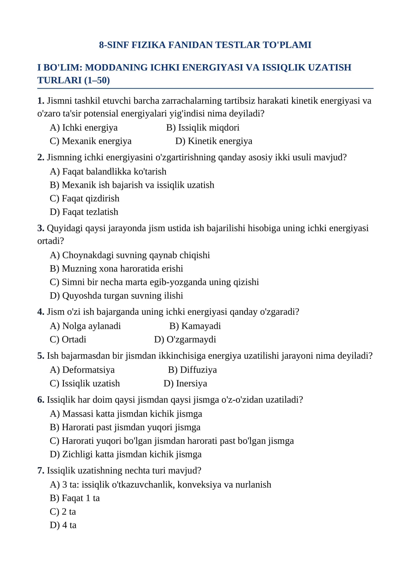 8-SINF FIZIKA FANIDAN TESTLAR TO'PLAMI 1