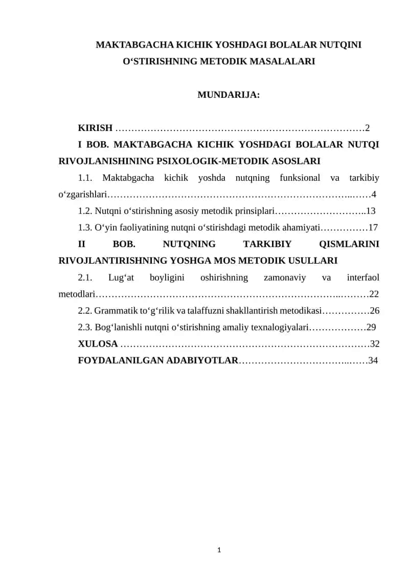 MAKTABGACHA KICHIK YOSHDAGI BOLALAR NUTQINI O‘STIRISHNING METODIK MASALALARI 1