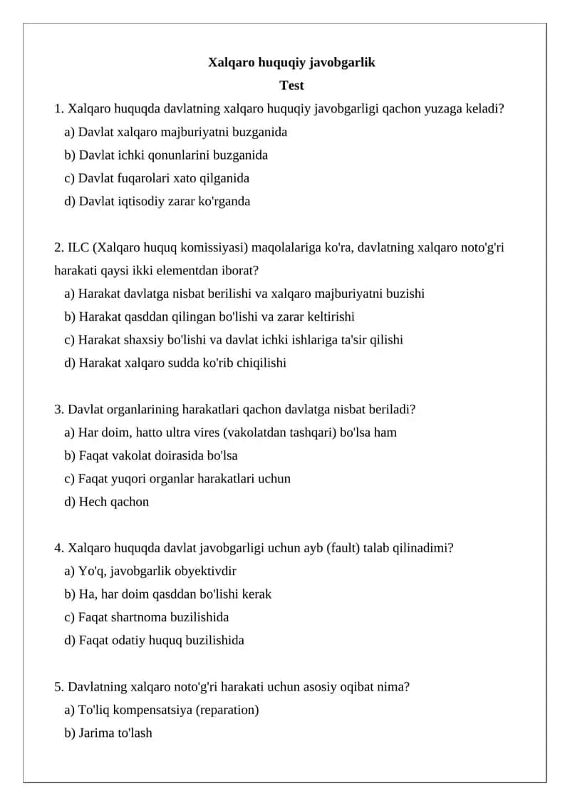 Xalqaro huquqiy javobgarlik Test 1