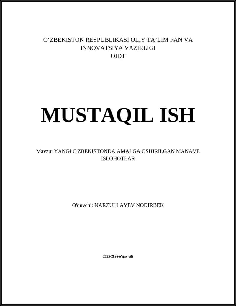 YANGI O'ZBEKISTONDA AMALGA OSHIRILGAN MANAVE ISLOHOTLAR 1