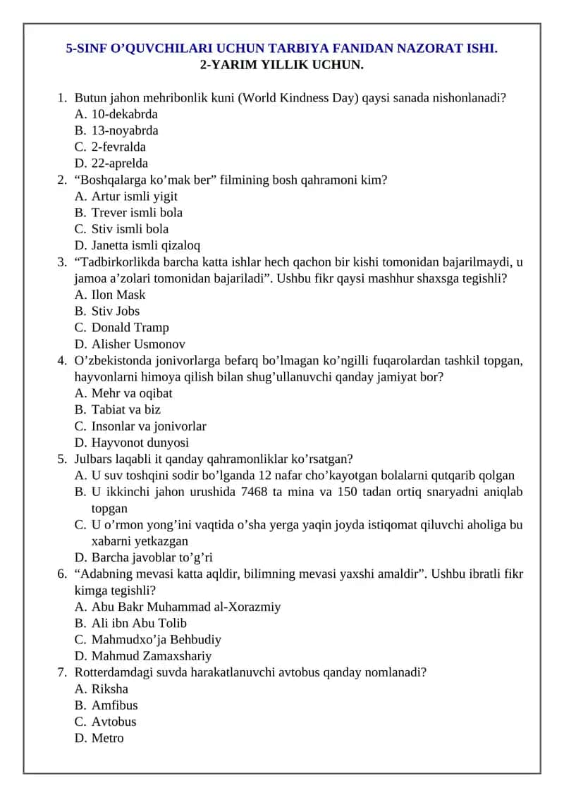 5-SINF O'QUVCHILARI UCHUN TARBIYA FANIDAN NAZORAT ISHI 1