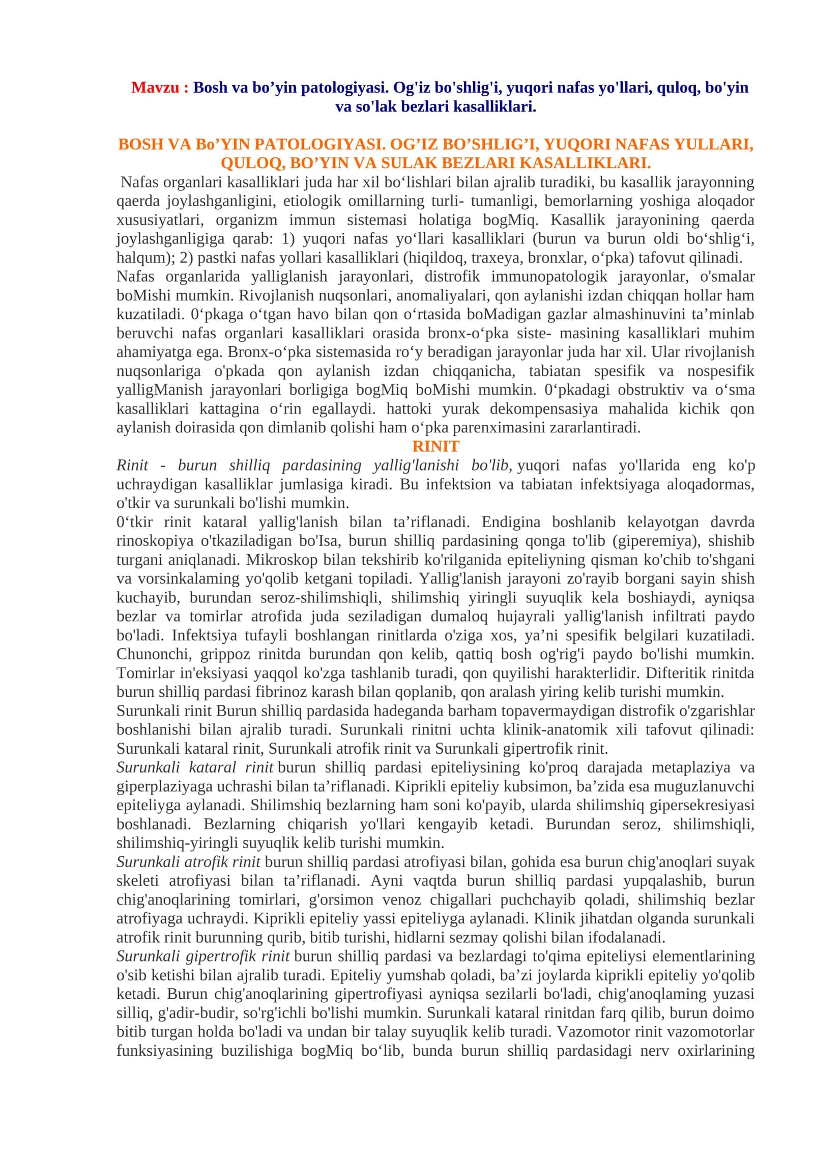 Bosh va bo’yin patologiyasi. Og'iz bo'shlig'i, yuqori nafas yo'llari, quloq, bo'yin va so'lak bezlari kasalliklari 1