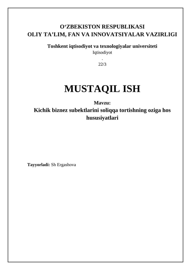 Kichik biznez subektlarini soliqqa tortishning oziga hos hususiyatlari 1