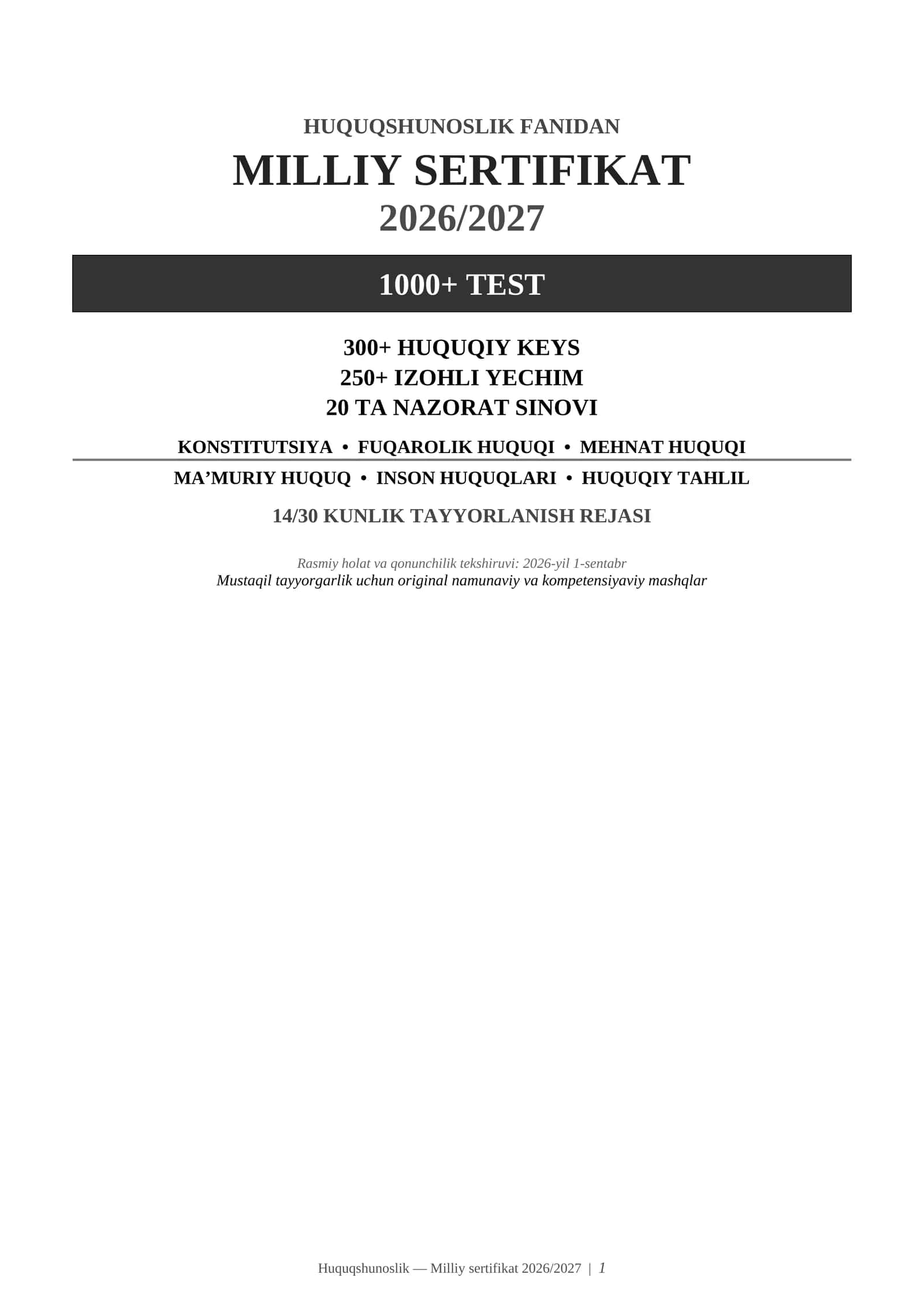 Huquqshunoslik Milliy sertifikati 2026/2027 | 1000+ test + 300+ huquqiy keys + 20 sinov 1