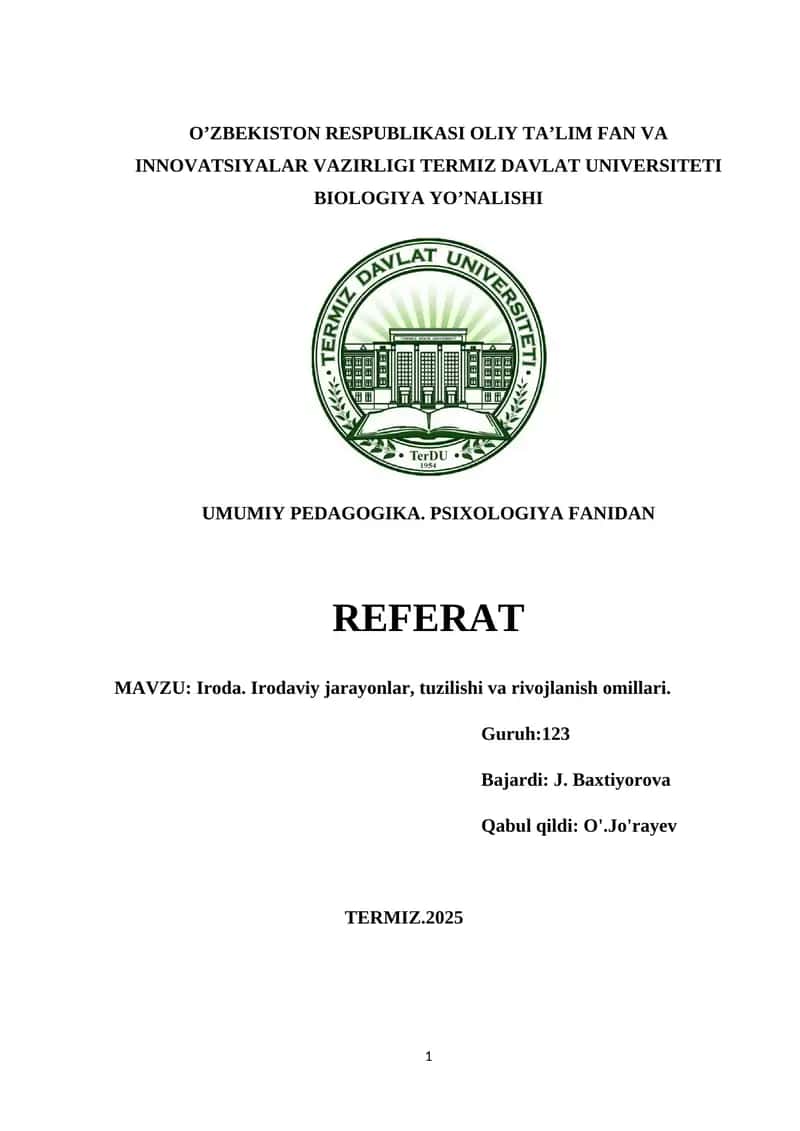 BIOLOGIYA YO’NALISHI REFERAT 1