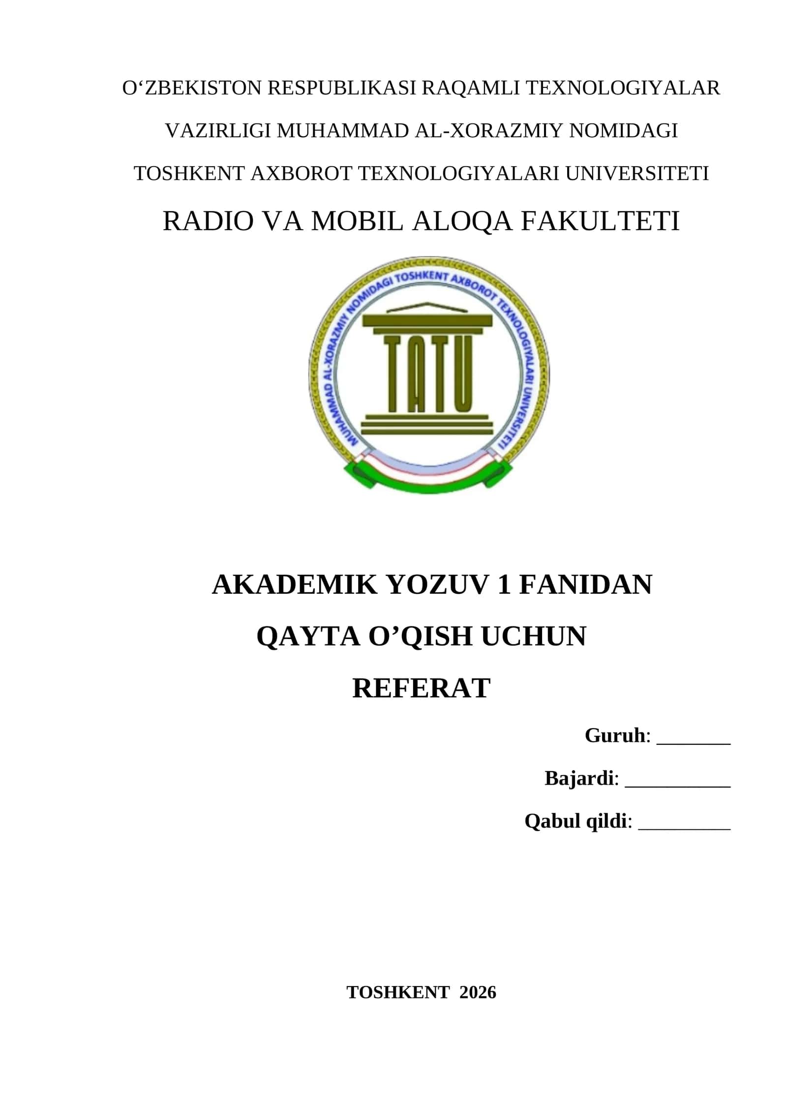 RTUM faoliyatida zamonaviy telekommunikatsiya texnologiyalarining ahamiyati Akademik yozuv 1 fanidan qayta o’qish uchun referat 1