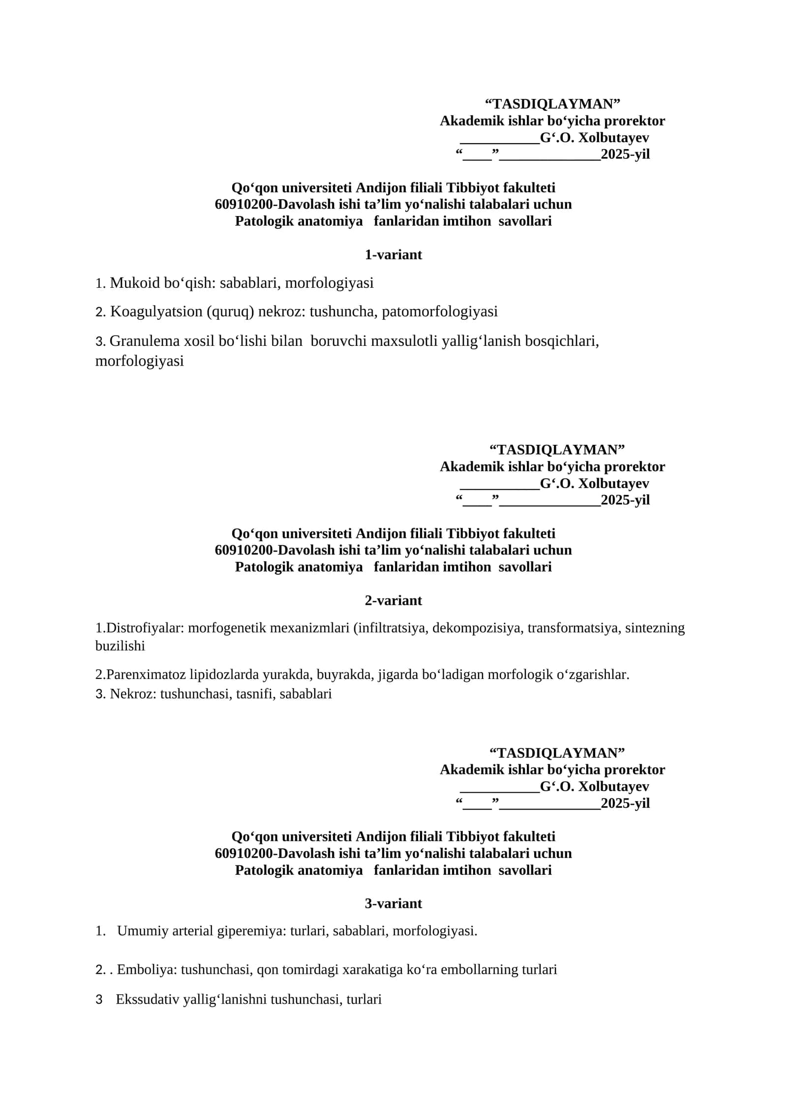Patologik anatomiya fanlaridan imtihon savollari 1