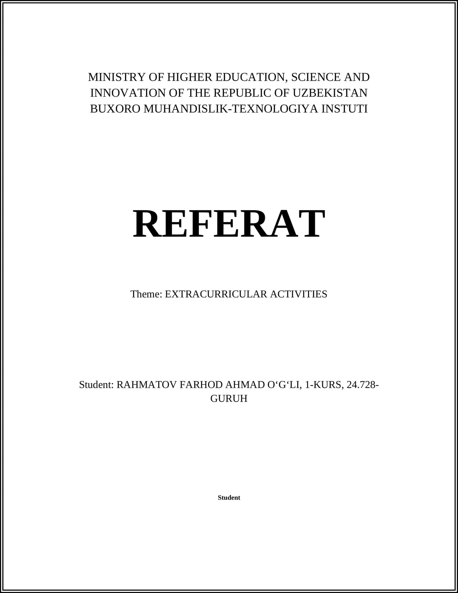 REFERAT Theme: EXTRACURRICULAR ACTIVITIES 1