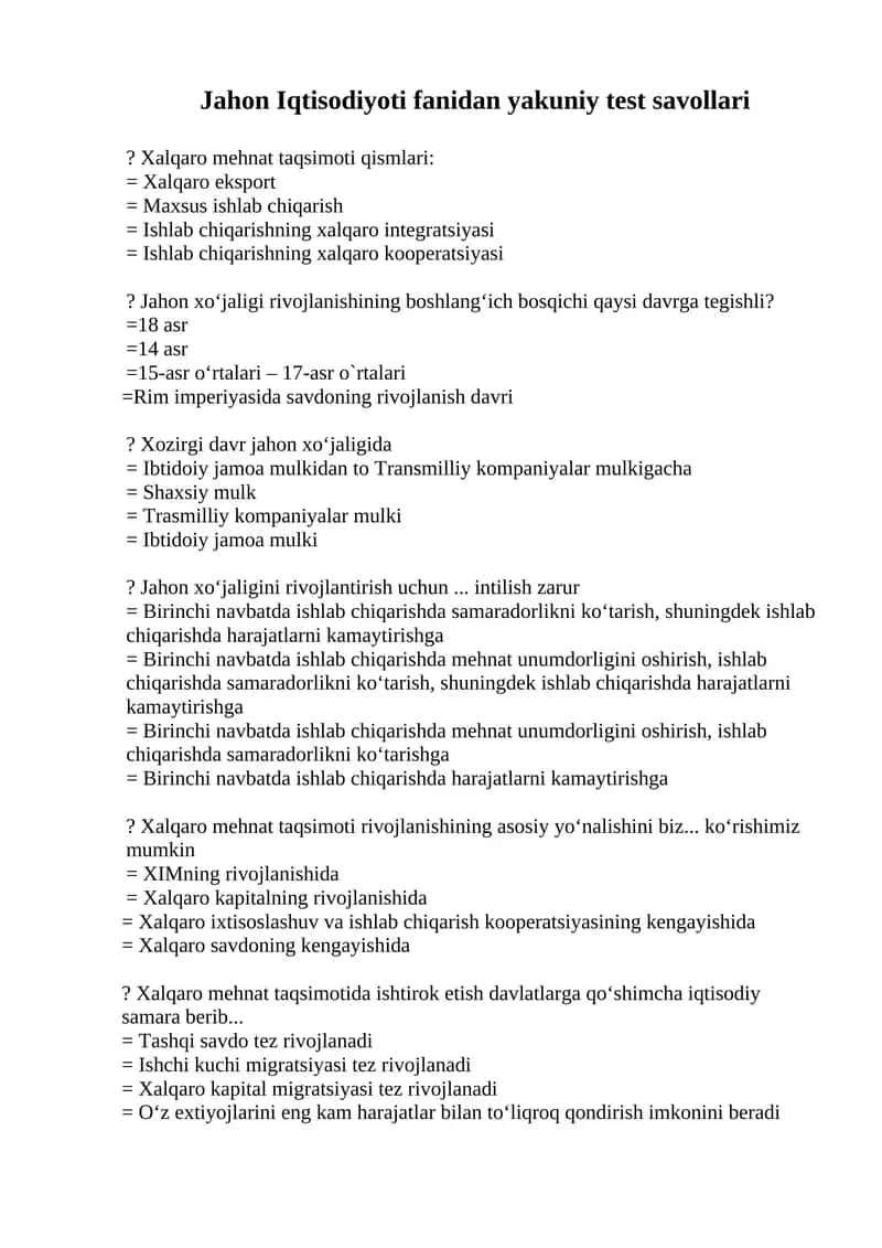 Jahon Iqtisodiyoti fanidan yakuniy test savollari 1