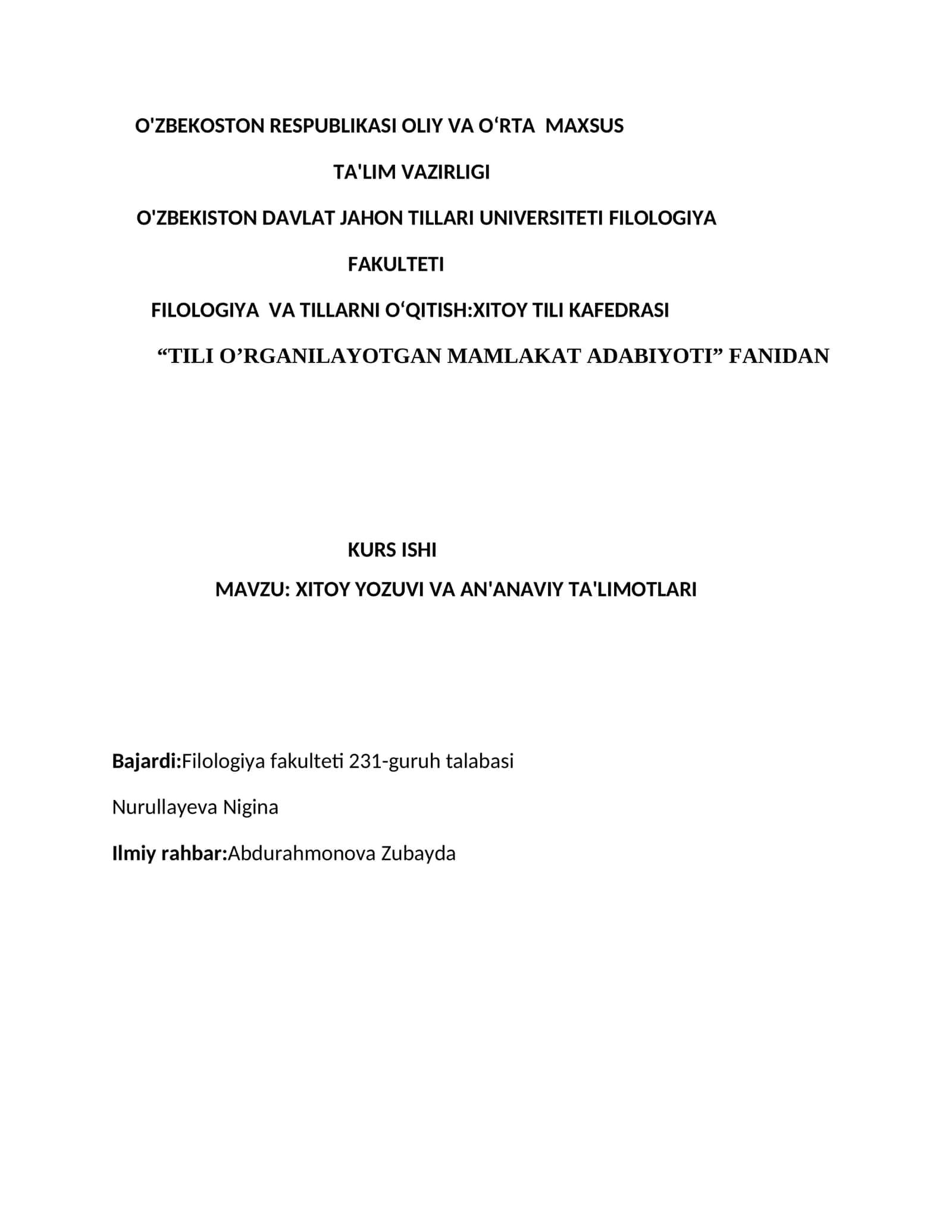 TILI O’RGANILAYOTGAN MAMLAKAT ADABIYOTI KURS ISHI 1