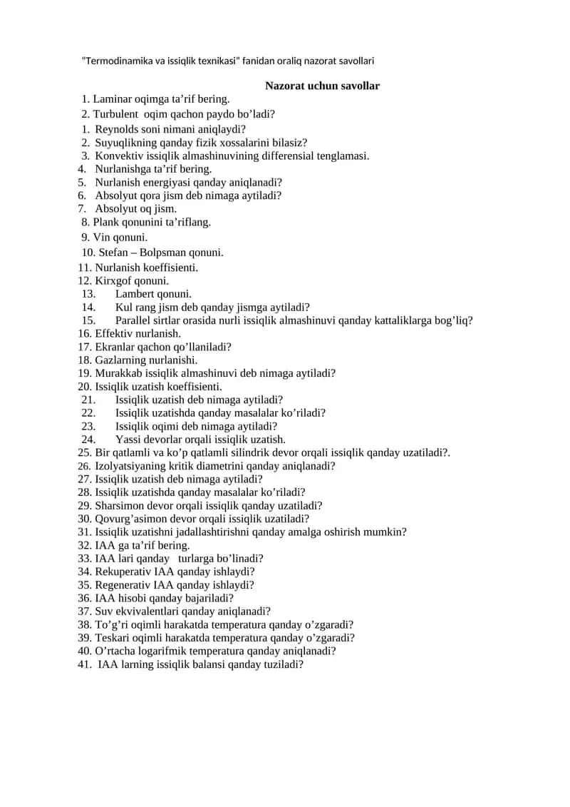 Termodinamika va issiqlik texnikasi fanidan oraliq nazorat savollari 1