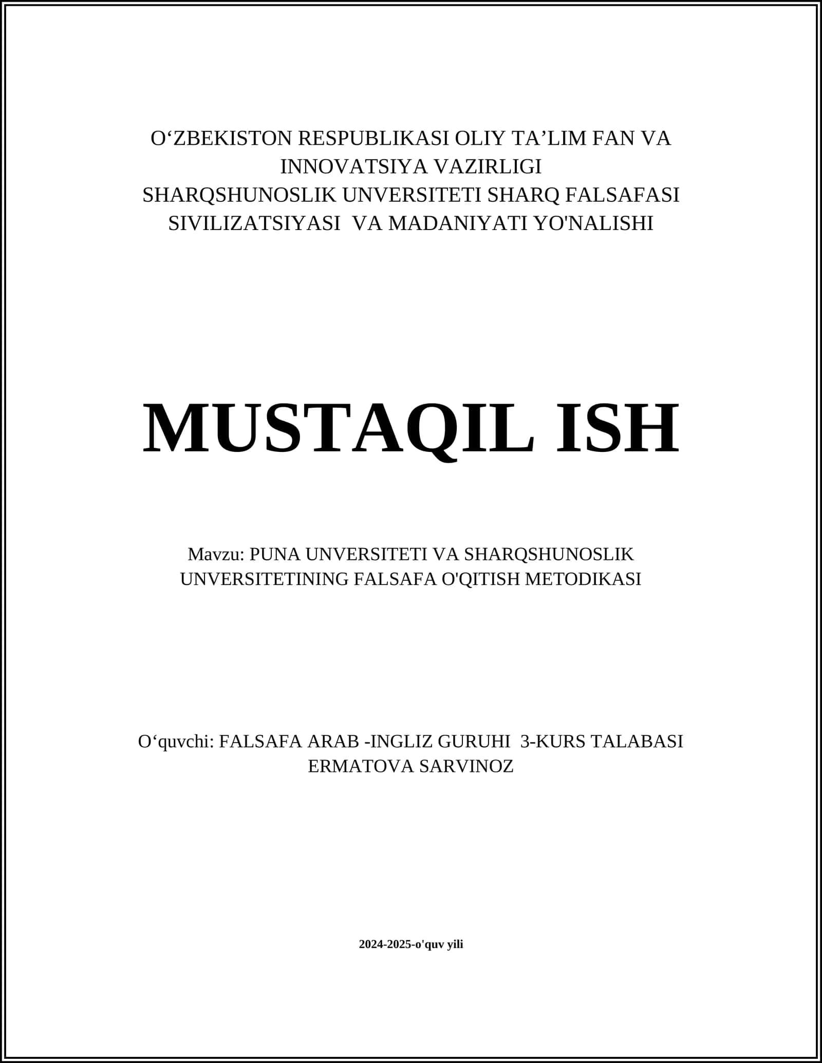 PUNA UNVERSITETI VA SHARQSHUNOSLIK UNVERSITETINING FALSAFA O'QITISH METODIKASI 1