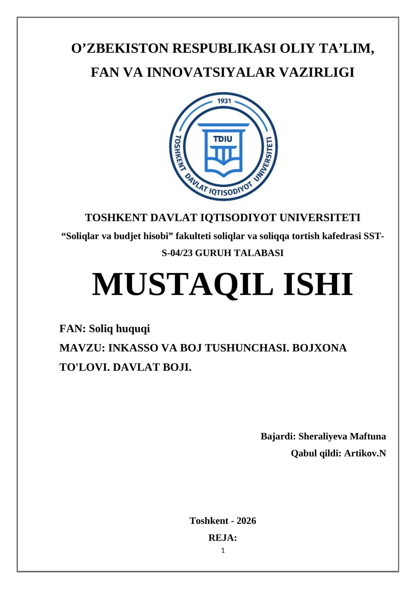 INKASSO VA BOJ TUSHUNCHASI. BOJXONA TO'LOVI. DAVLAT BOJI 1