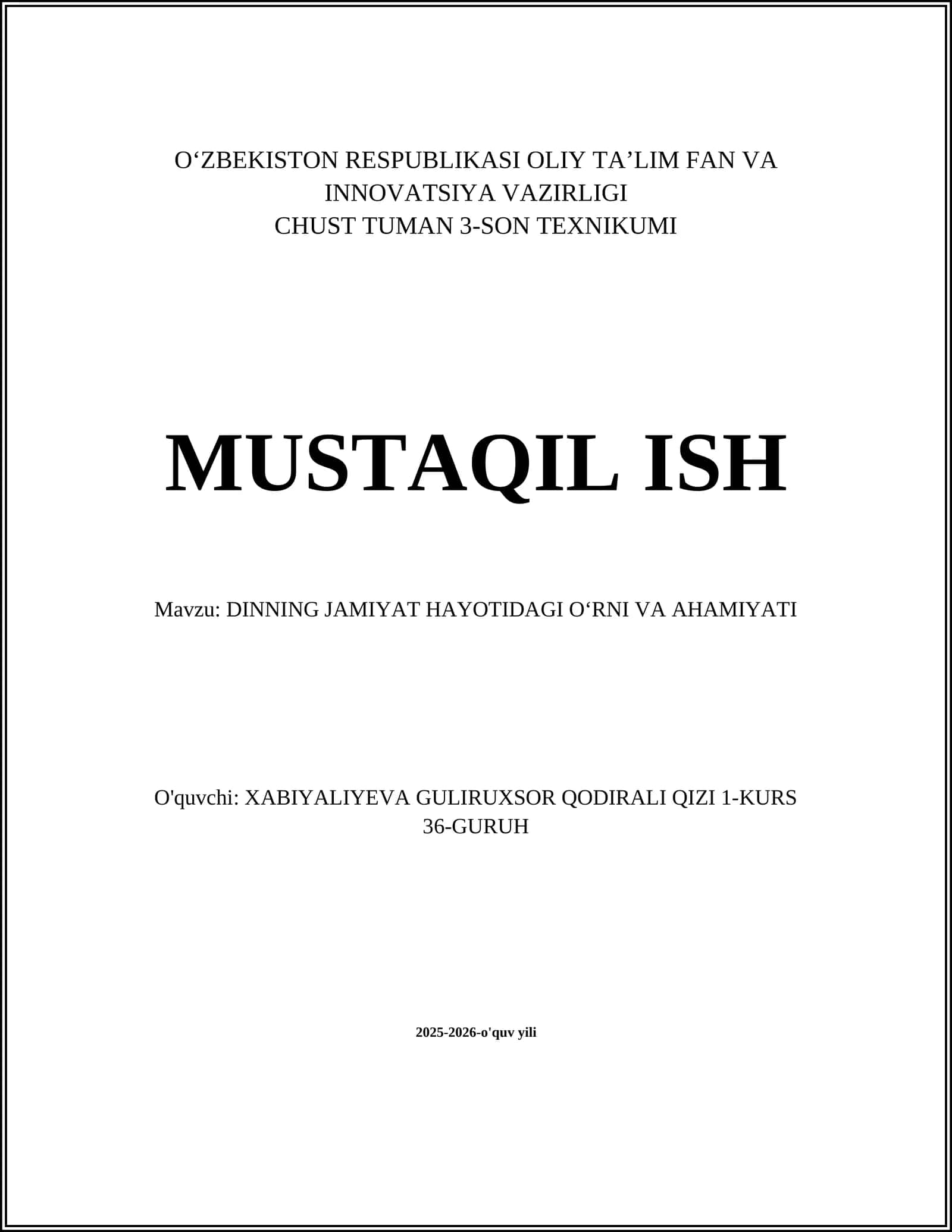 DINNING JAMIYAT HAYOTIDAGI OʻRNI VA AHAMIYATI 1