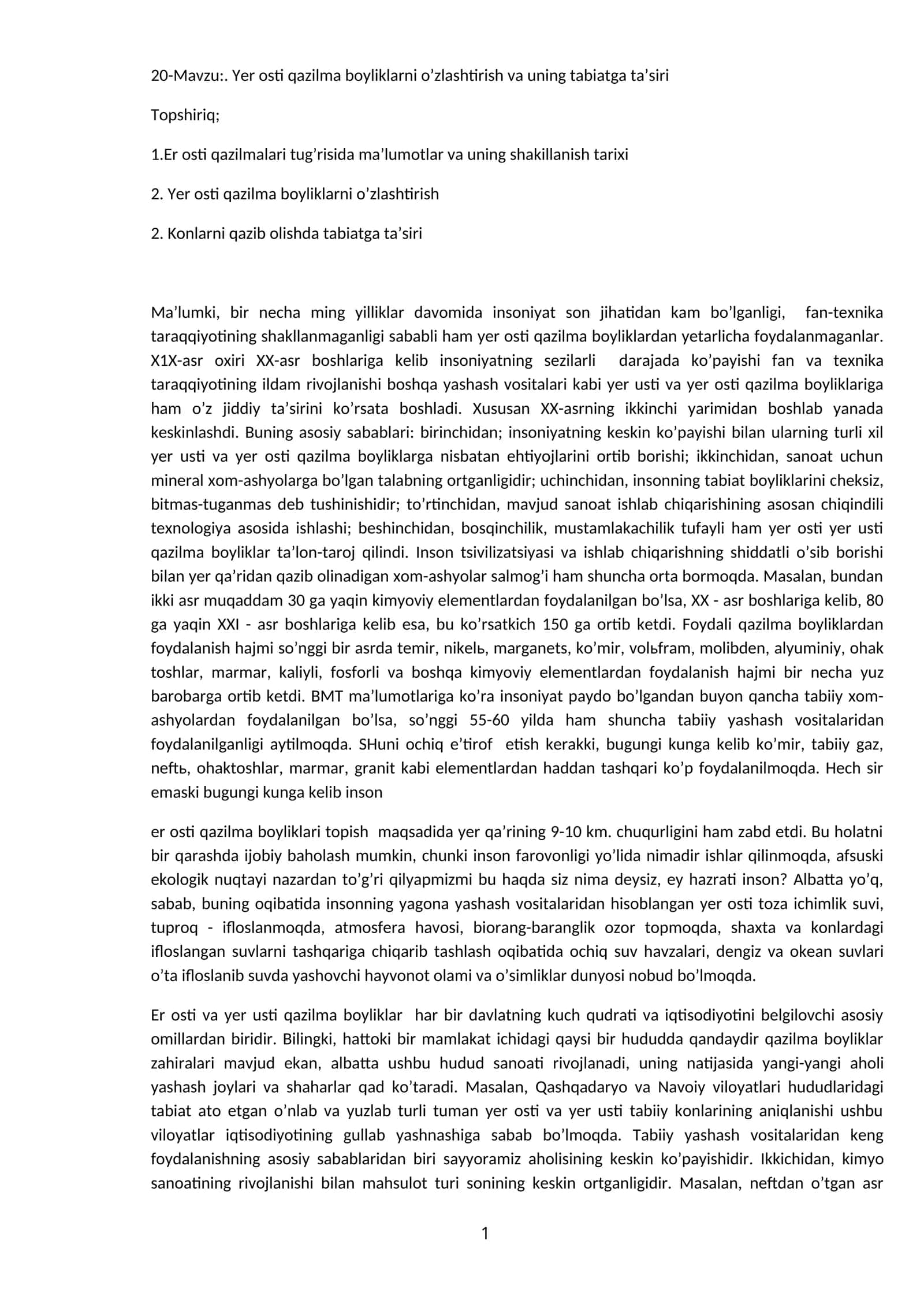 Boyliklarni o’zlashtirish va uning tabiatga ta’siri 1
