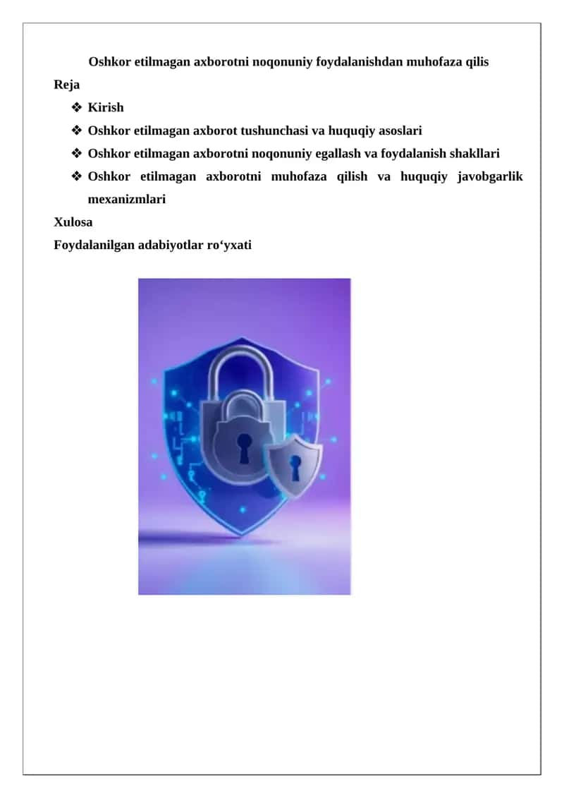 Oshkor etilmagan axborotni noqonuniy foydalanishdan muhofaza qilis 1