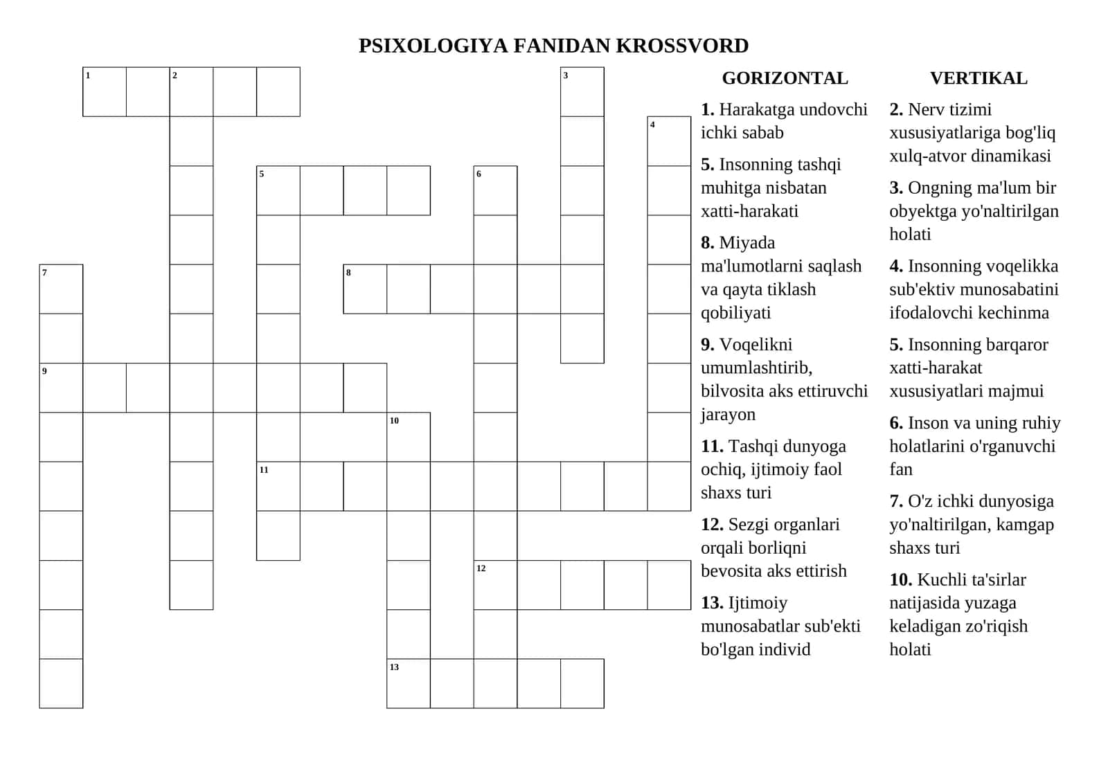 PSIXOLOGIYA FANIDAN KROSSVORD 1