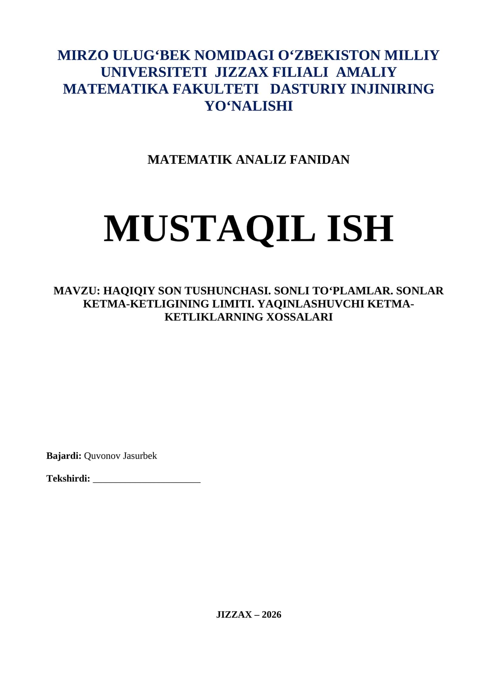 HAQIQIY SON TUSHUNCHASI. SONLI TO‘PLAMLAR. SONLAR KETMA-KETLIGINING LIMITI. YAQINLASHUVCHI KETMA-KETLIKLARNING XOSSALARI 1