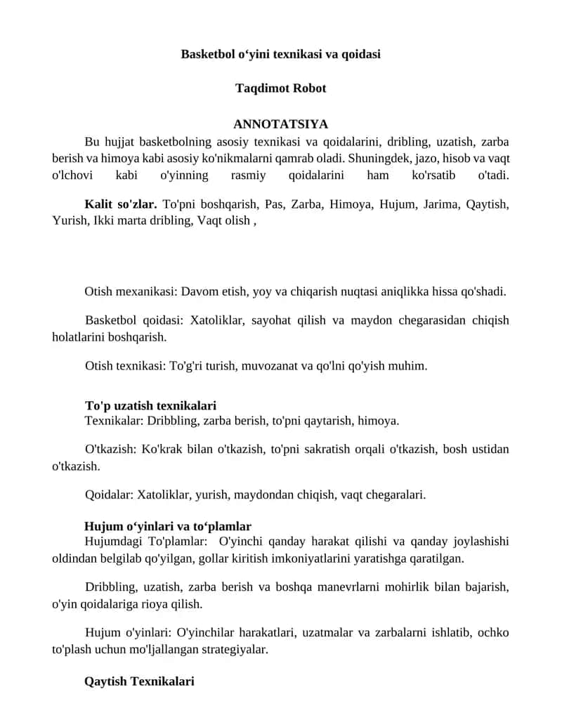 Basketbol oʻyini texnikasi va qoidasi 1