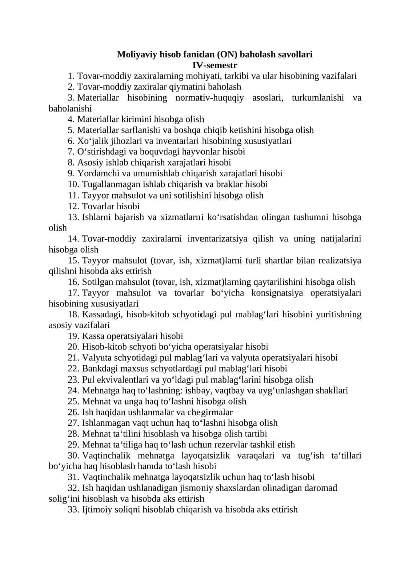 Moliyaviy hisob fanidan (ON) baholash savollari 1
